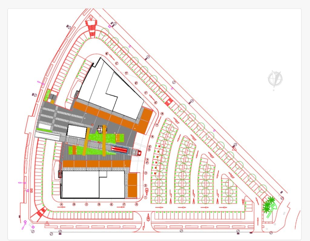 Plano del centro comercial El Palmeral: parcela, edificios, aparcamiento y zonas verdes